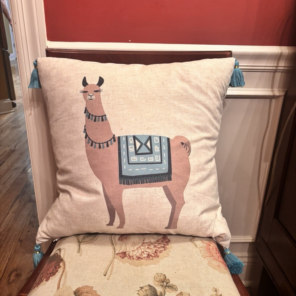 Llama Throw Pillow 20x20 Tassel Corners Boho Decor Alpaca Cushion Beige